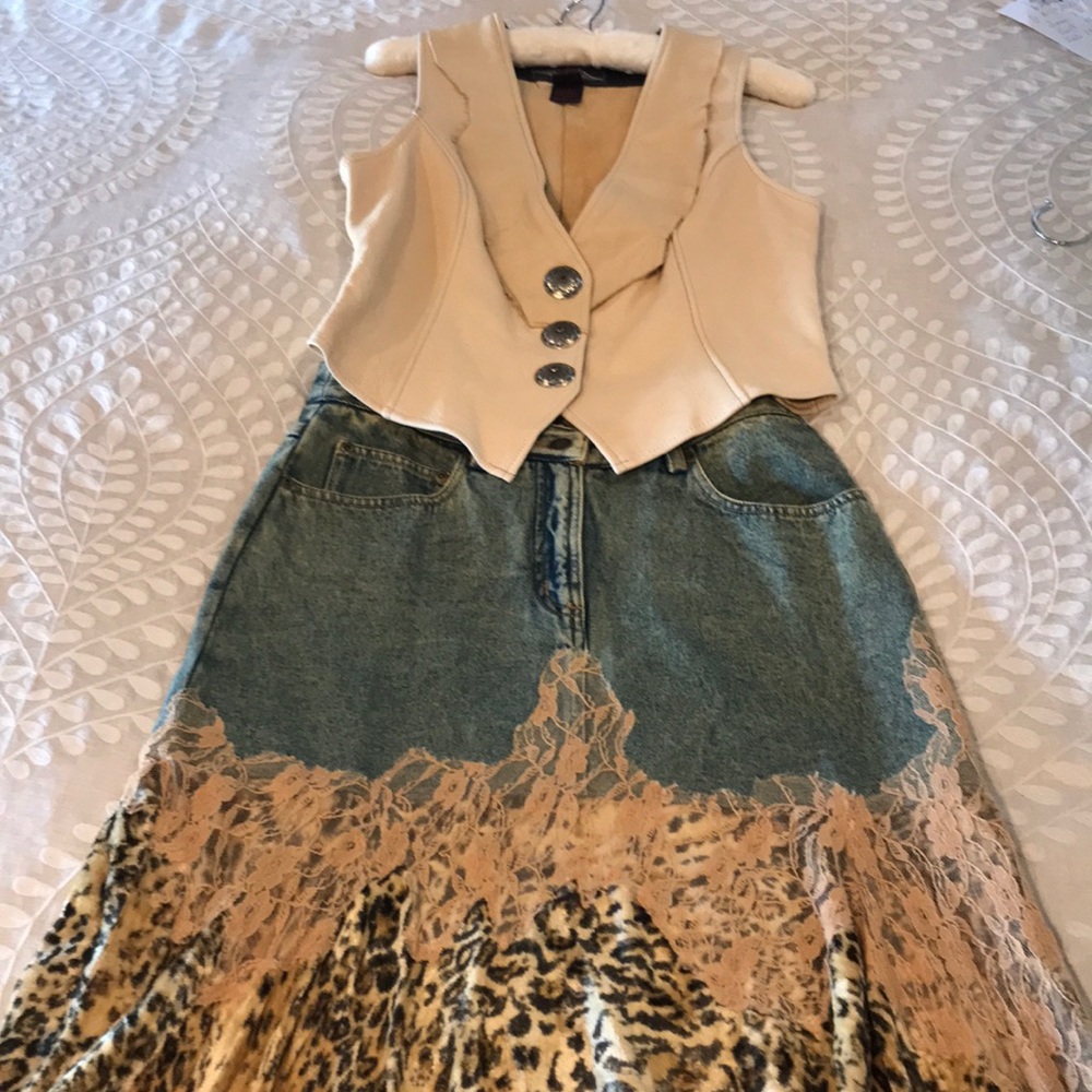 Exquisite Long Jean Skirt, With Lace & Velvet Tiger Print